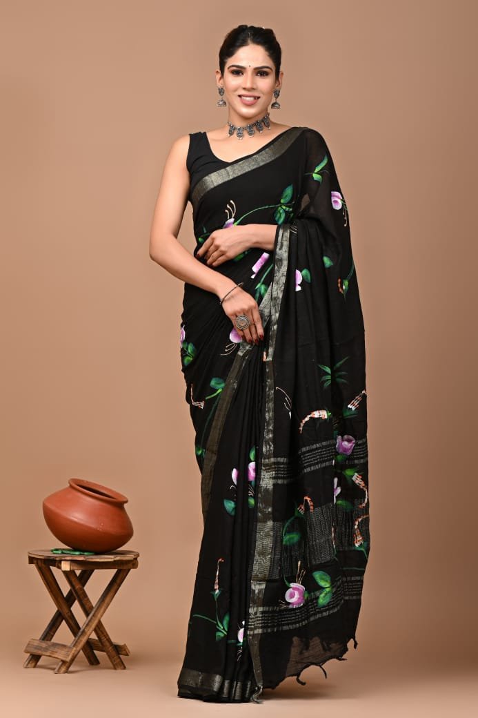 Hand Block Printed Linen Saree with Blouse